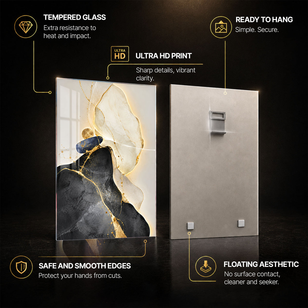 Gilded Stone — tempered glass, ultra HD print, ready to hang