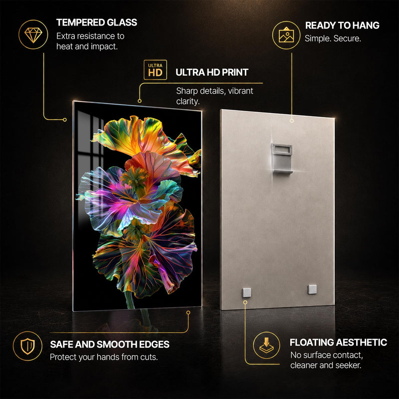 Neon Hibiscus Bloom — tempered glass, ultra HD print, ready to hang