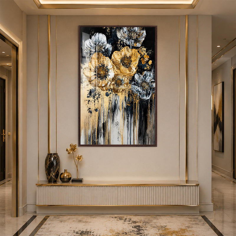 Gilded Midnight Flowers with walnut frame