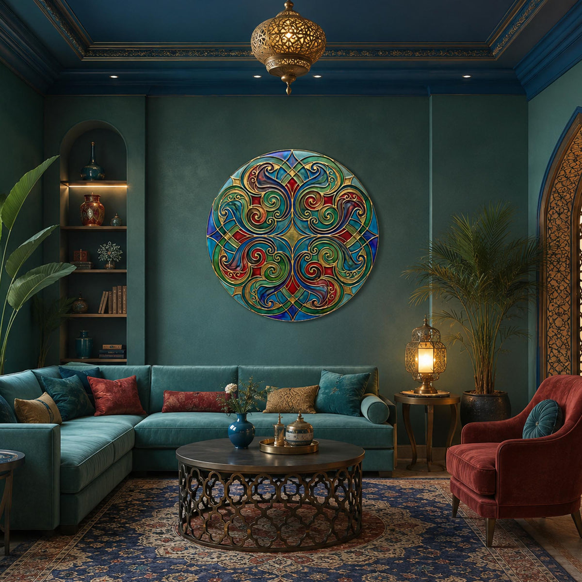Turquoise Scrollwork in a modern room