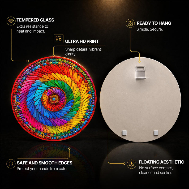 Rainbow Feather Spiral — tempered glass, ultra HD print, ready to hang