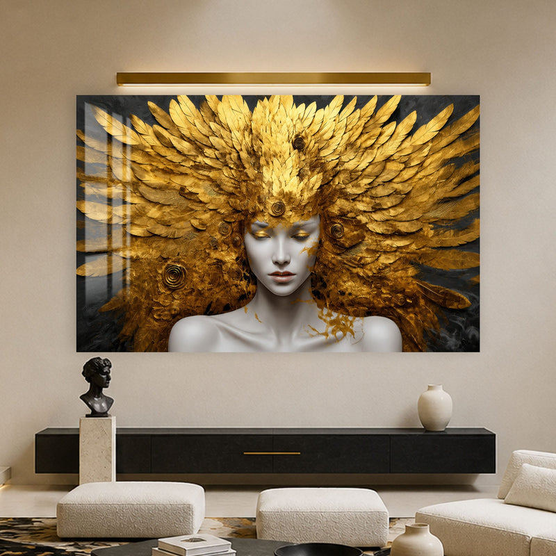 Artronauts Glass Print Golden Feather Goddess Glass Wall Art