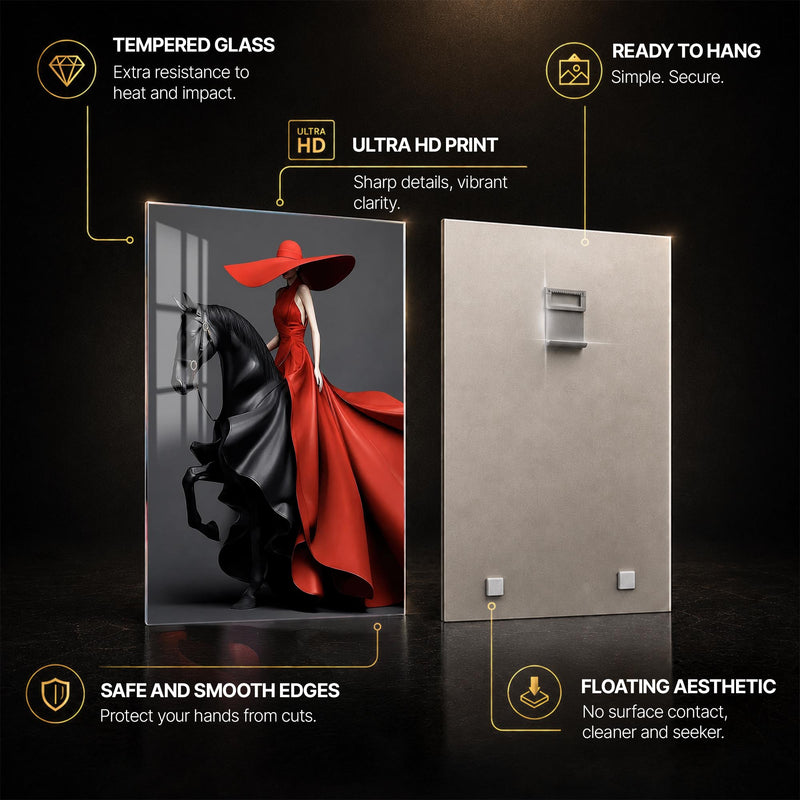 Crimson Equestrian Elegance — tempered glass, ultra HD print, ready to hang