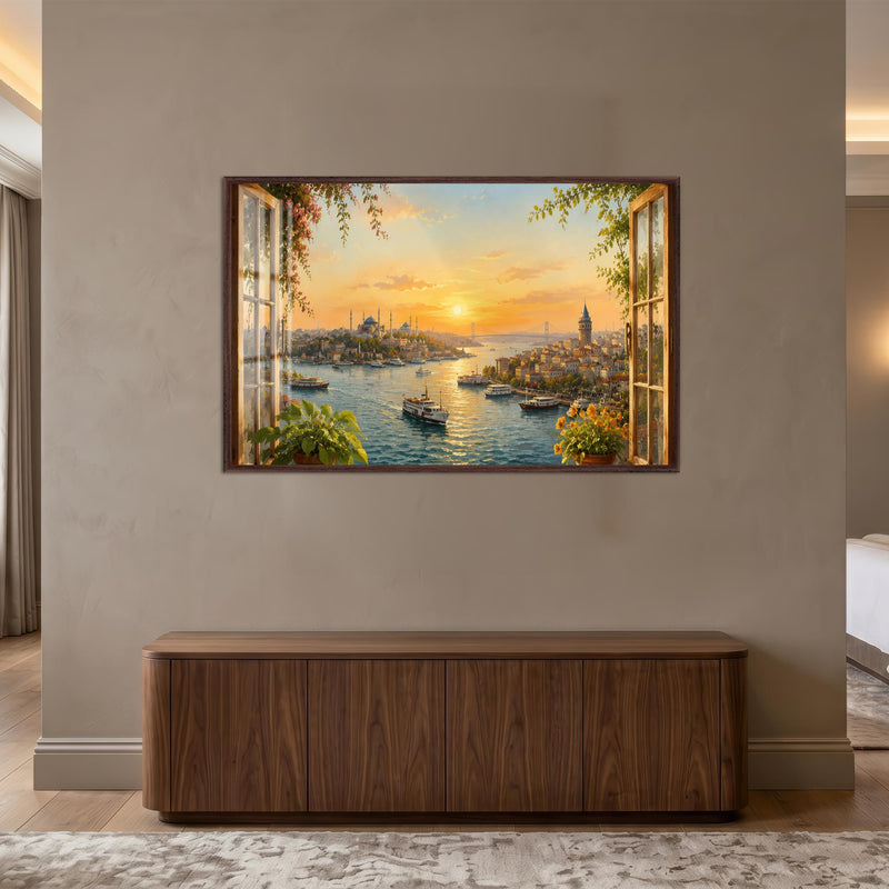 Istanbul Sunset View with walnut frame