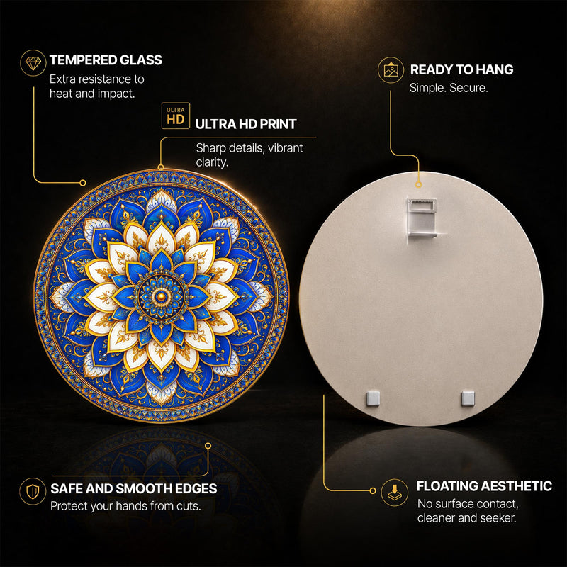 Royal Blue Mandala — tempered glass, ultra HD print, ready to hang