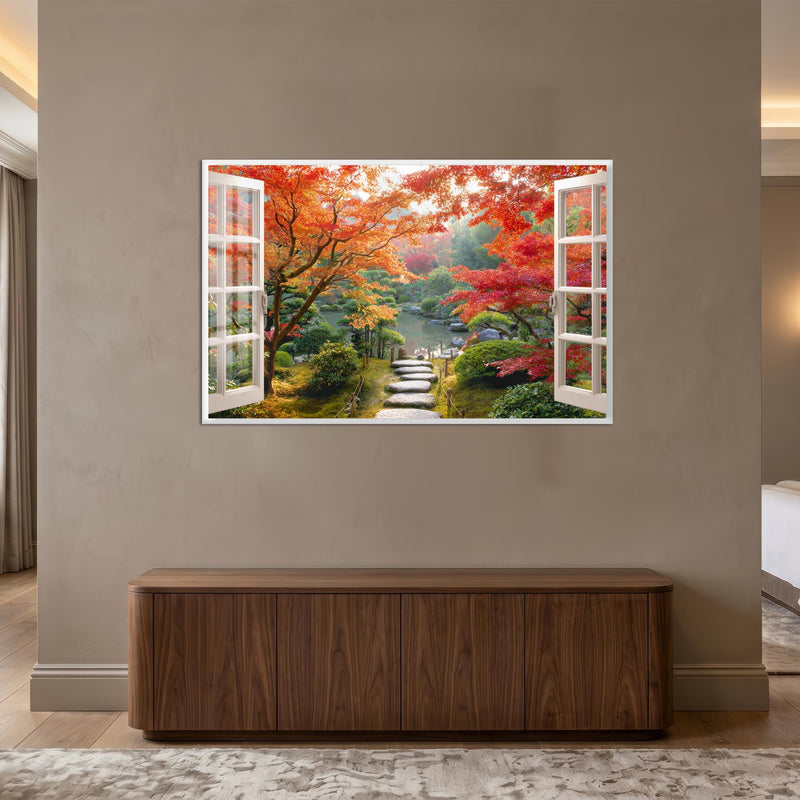 Autumn Garden Window with white frame