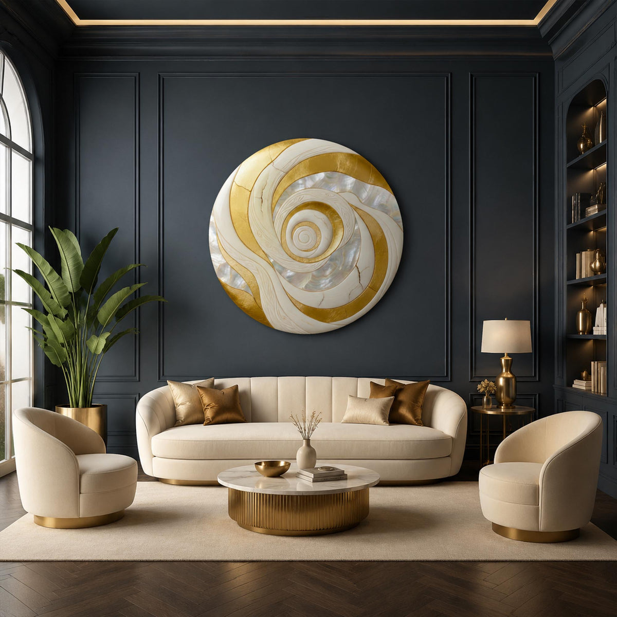Golden Pearl Spiral — tempered glass, ultra HD print, ready to hang