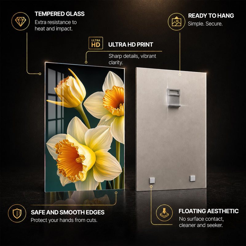 Golden Daffodil Bloom — tempered glass, ultra HD print, ready to hang