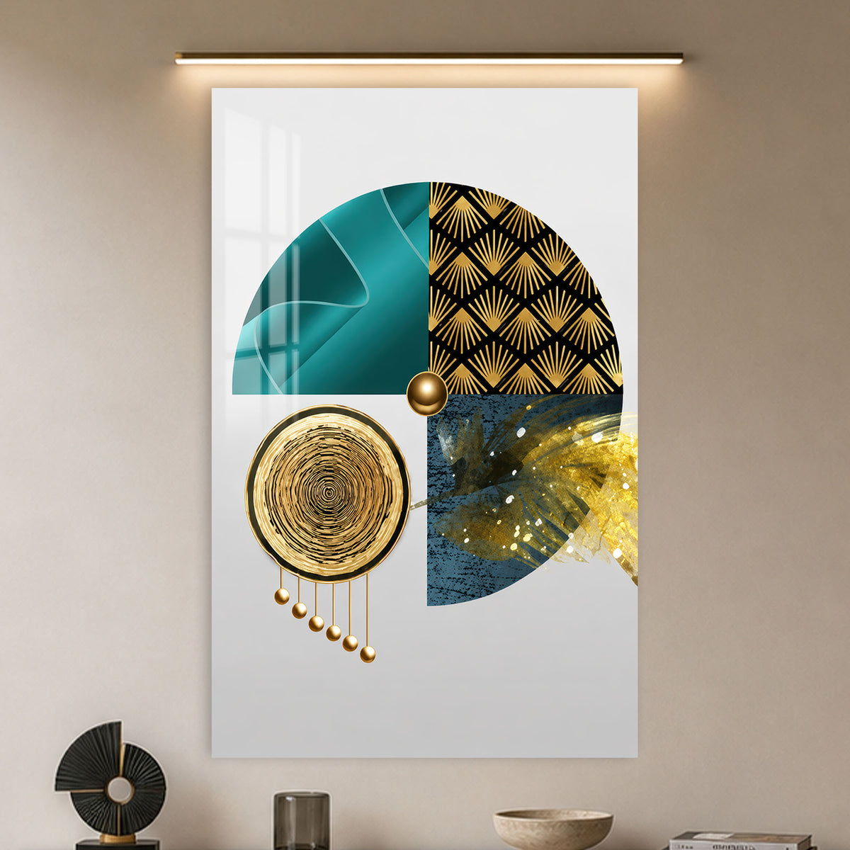Teal Deco Geometry in a modern room