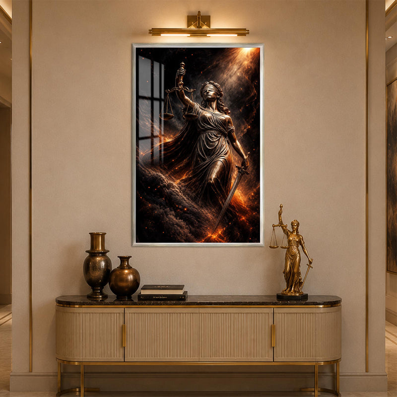 Fiery Lady Justice with silver frame