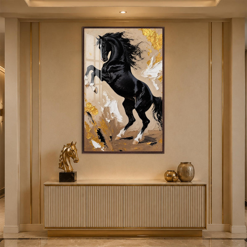 Rearing Black Stallion with walnut frame