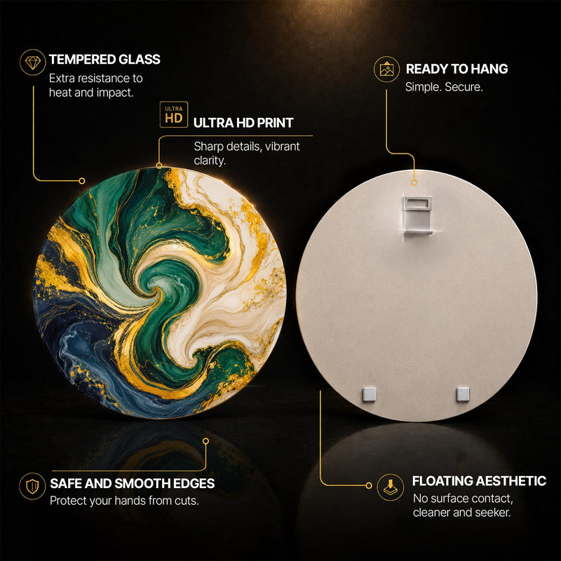 Emerald Golden Swirl — tempered glass, ultra HD print, ready to hang