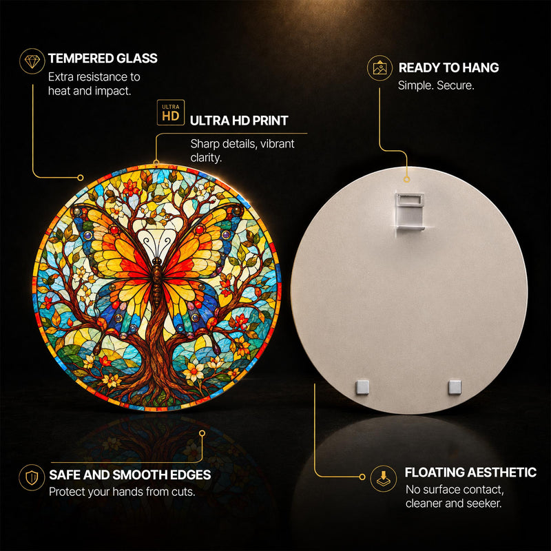 Butterfly Tree Mosaic — tempered glass, ultra HD print, ready to hang