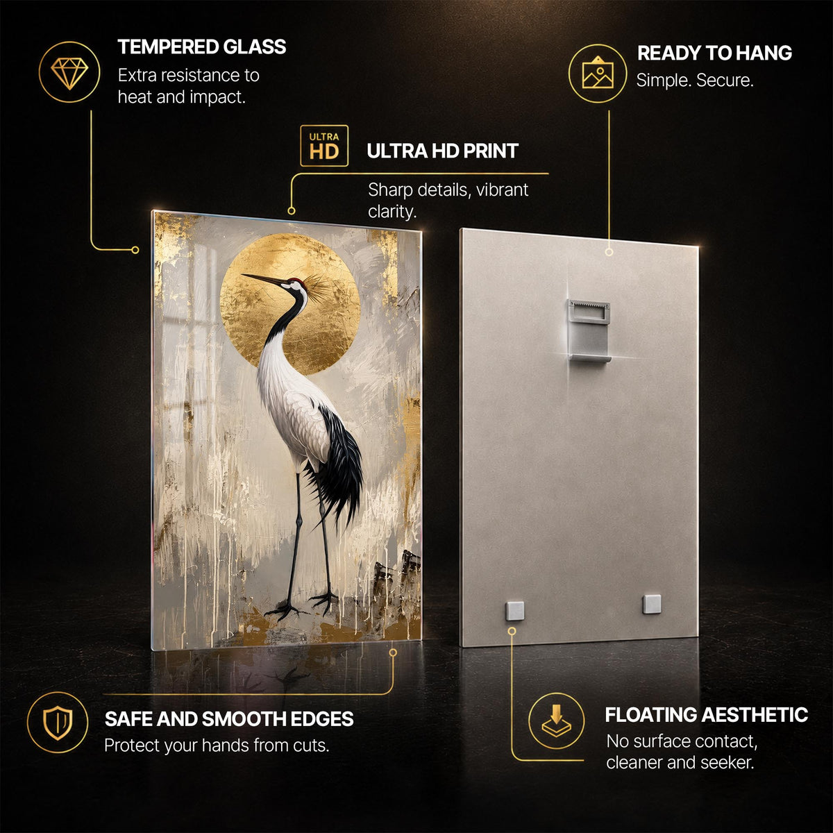 Crane Before Golden Sun — tempered glass, ultra HD print, ready to hang