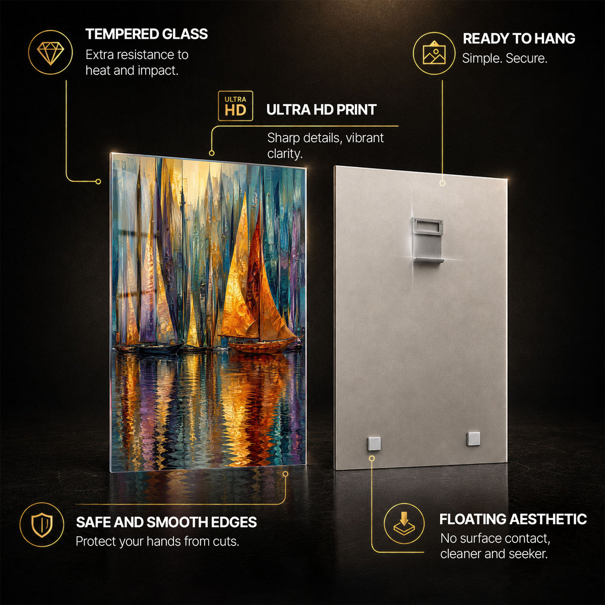 Golden Regatta — tempered glass, ultra HD print, ready to hang