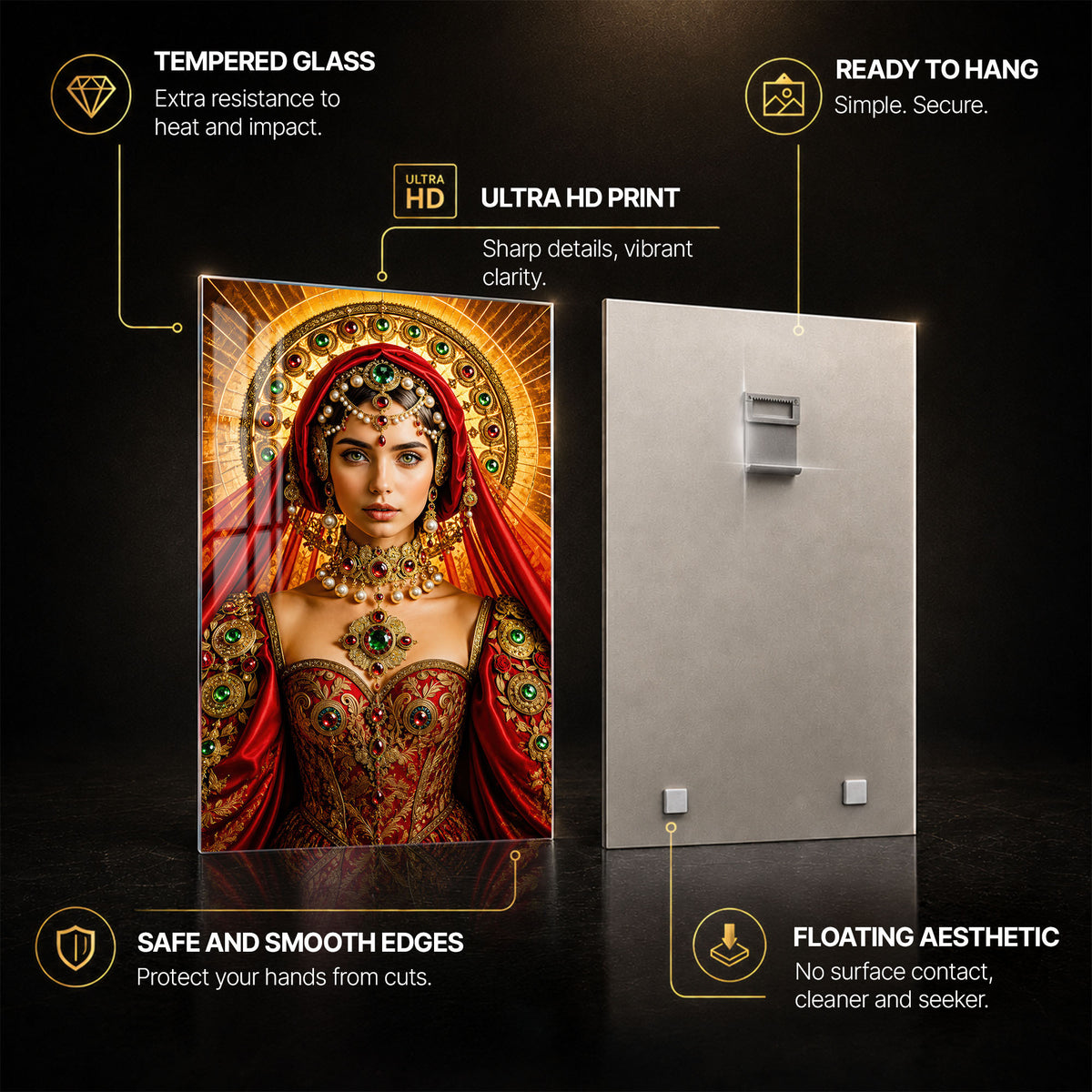 Crimson Jewel Queen — tempered glass, ultra HD print, ready to hang