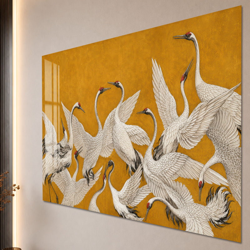 Golden Cranes in Flight close-up angled detail