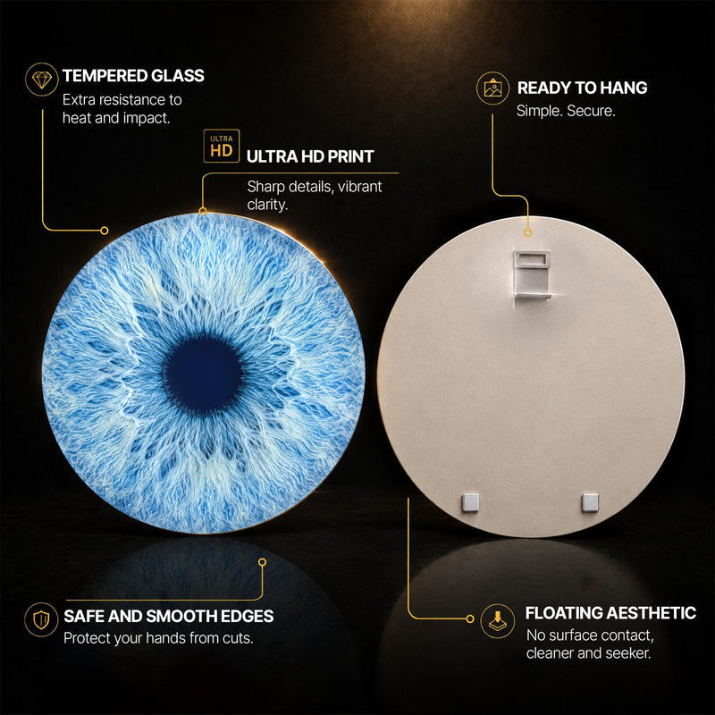 Arctic Blue Iris — tempered glass, ultra HD print, ready to hang