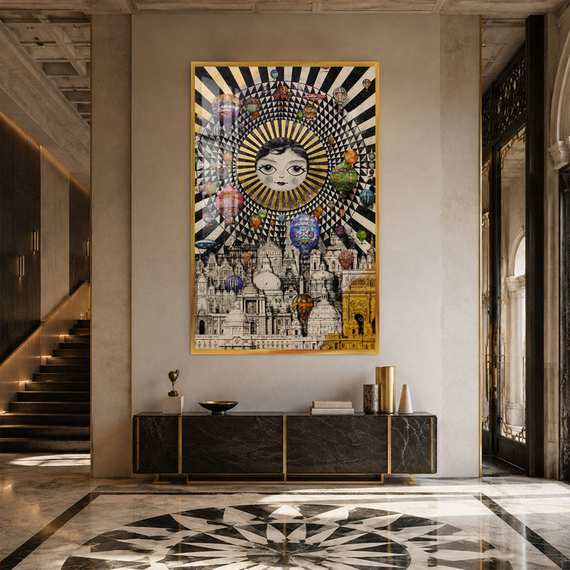 Artronauts Glass Print 12x18 cm | 4.7"x7.1" / Gold City Of Floating Dreams Glass Wall Art