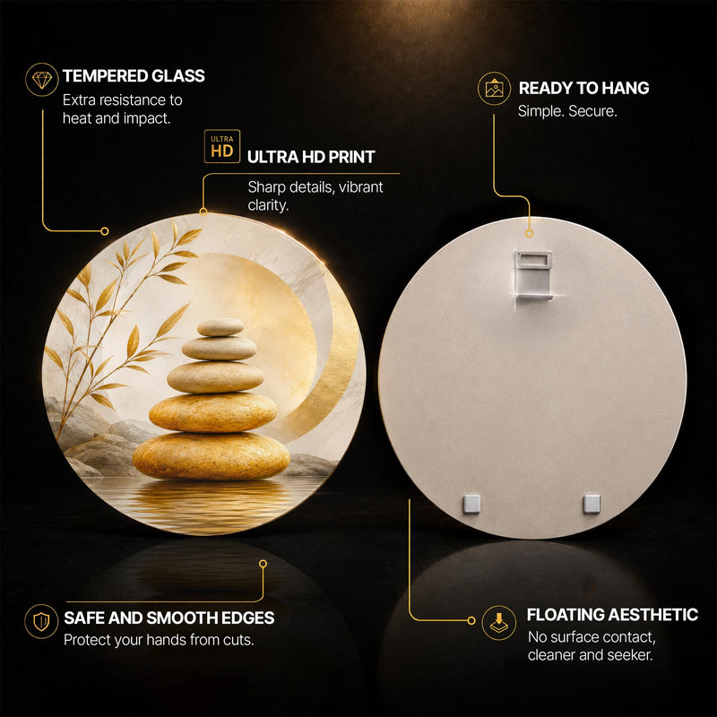 Golden Zen Balance — tempered glass, ultra HD print, ready to hang