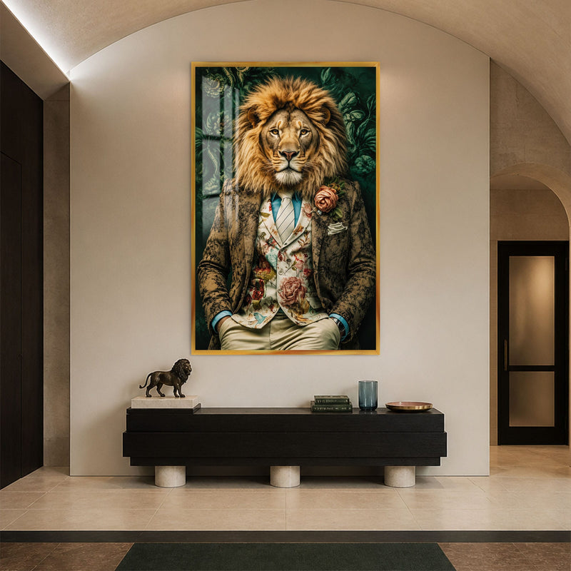 Artronauts Glass Print 12x18 cm | 4.7"x7.1" / Gold Floral Gentleman Lion Glass Wall Art