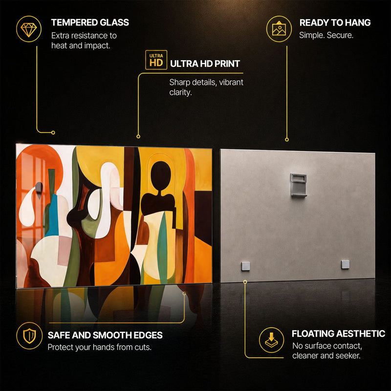 Sunlit Abstract Figures — tempered glass, ultra HD print, ready to hang