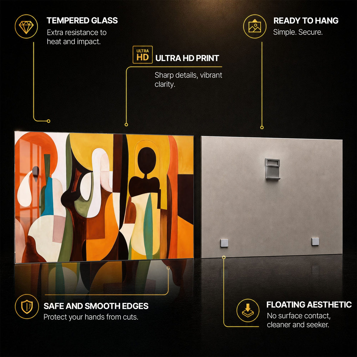 Sunlit Abstract Figures — tempered glass, ultra HD print, ready to hang