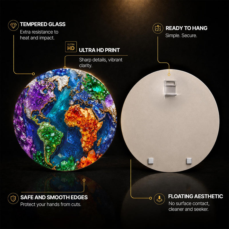 Crystal World Map — tempered glass, ultra HD print, ready to hang