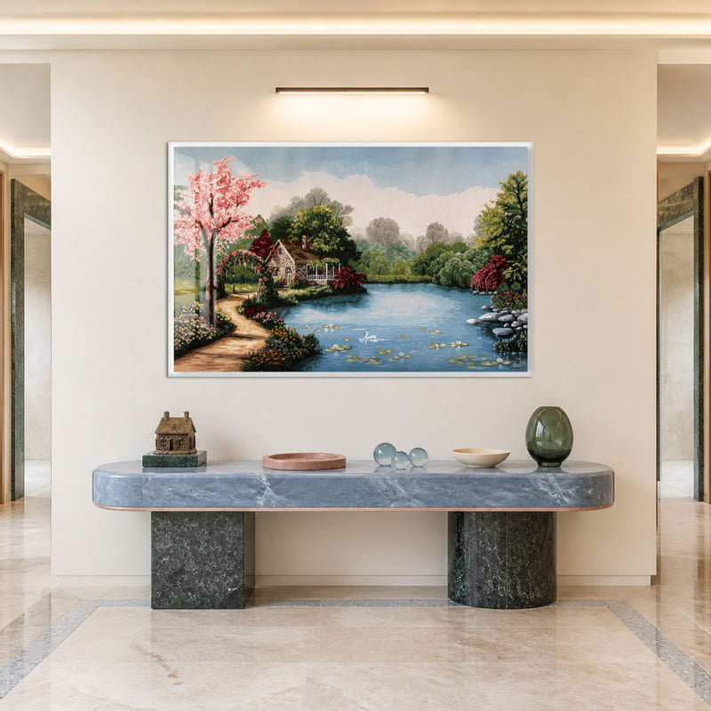 Lakeside Cottage in Bloom with white frame