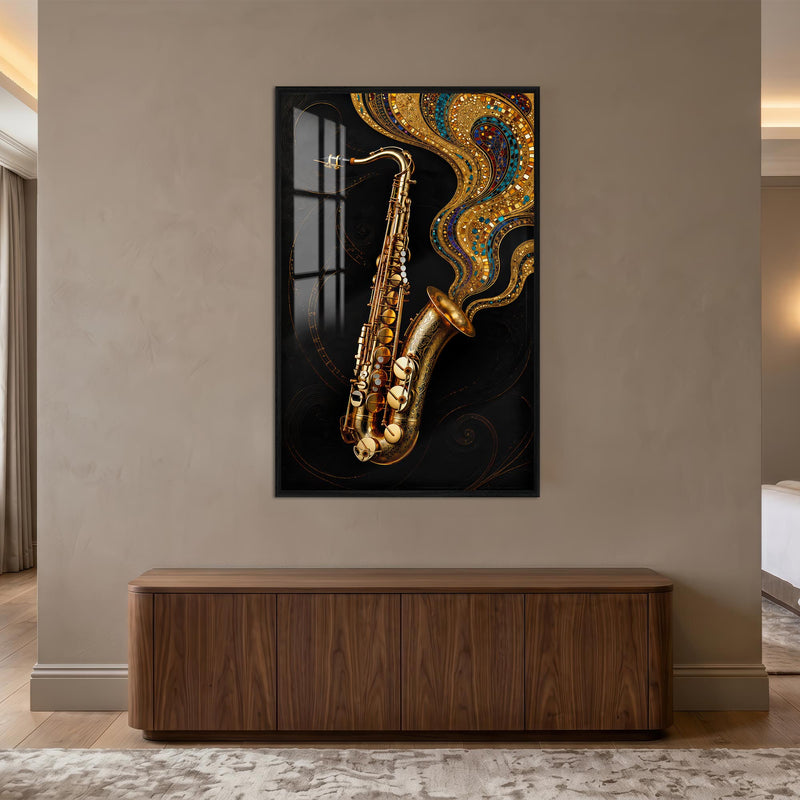 Golden Jazz Saxophone with black frame