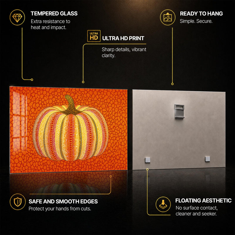 Dotted Harvest Pumpkin — tempered glass, ultra HD print, ready to hang