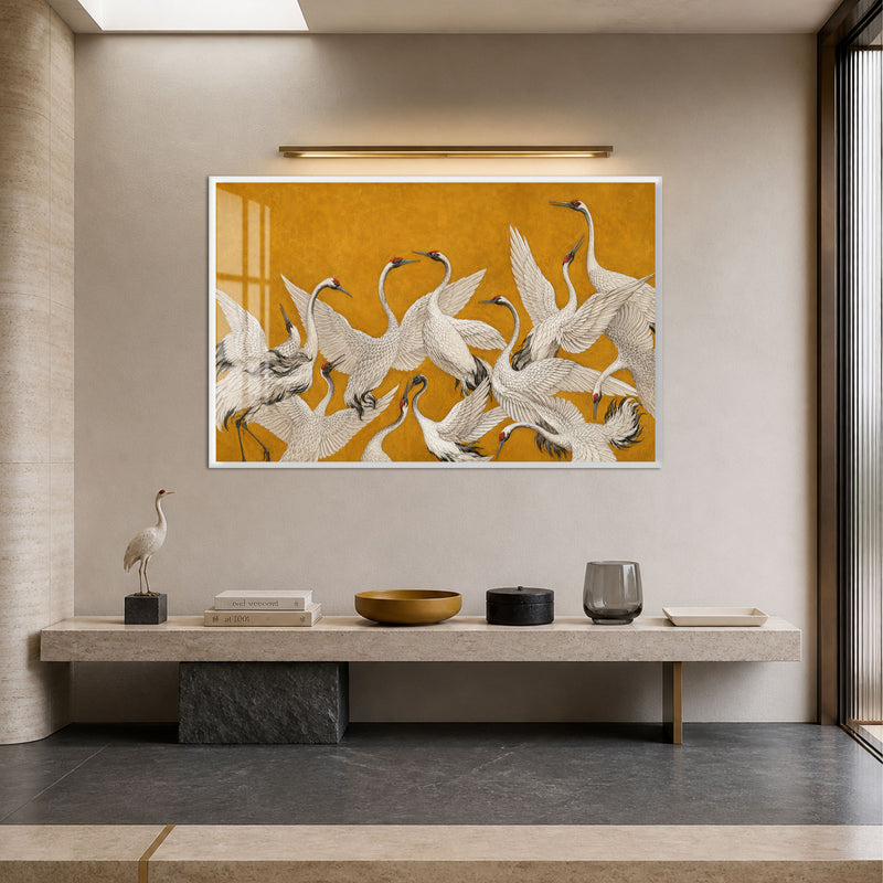 Golden Cranes in Flight with white frame