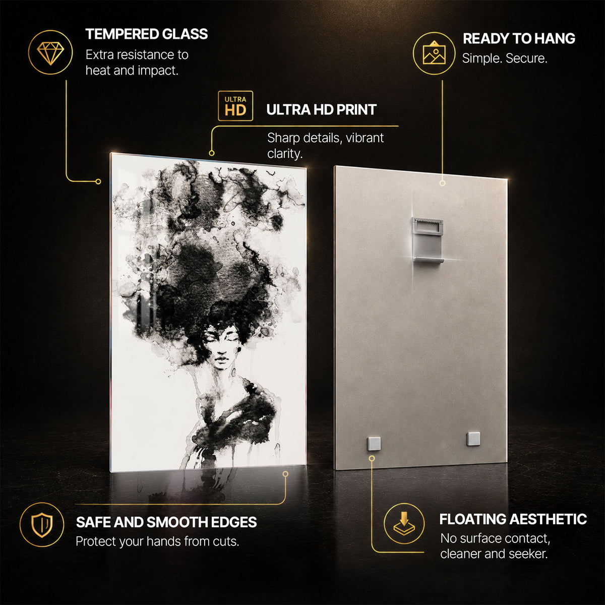 Ink Cloud Woman — tempered glass, ultra HD print, ready to hang