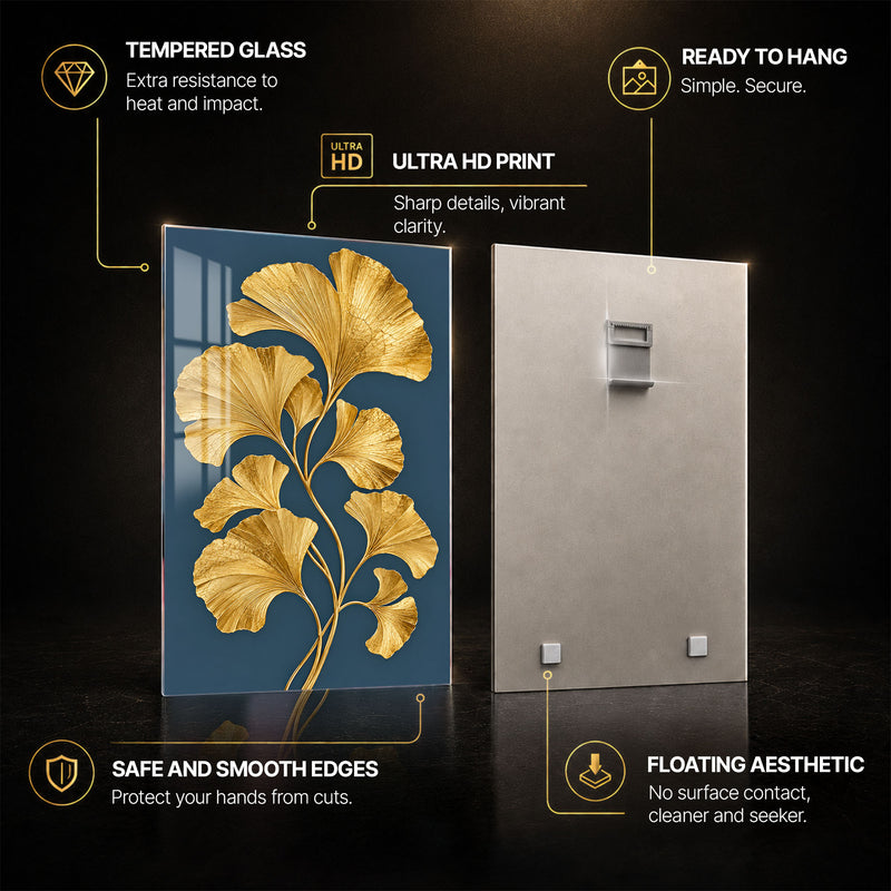 Golden Ginkgo — tempered glass, ultra HD print, ready to hang
