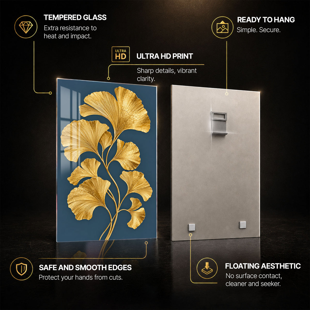 Golden Ginkgo — tempered glass, ultra HD print, ready to hang