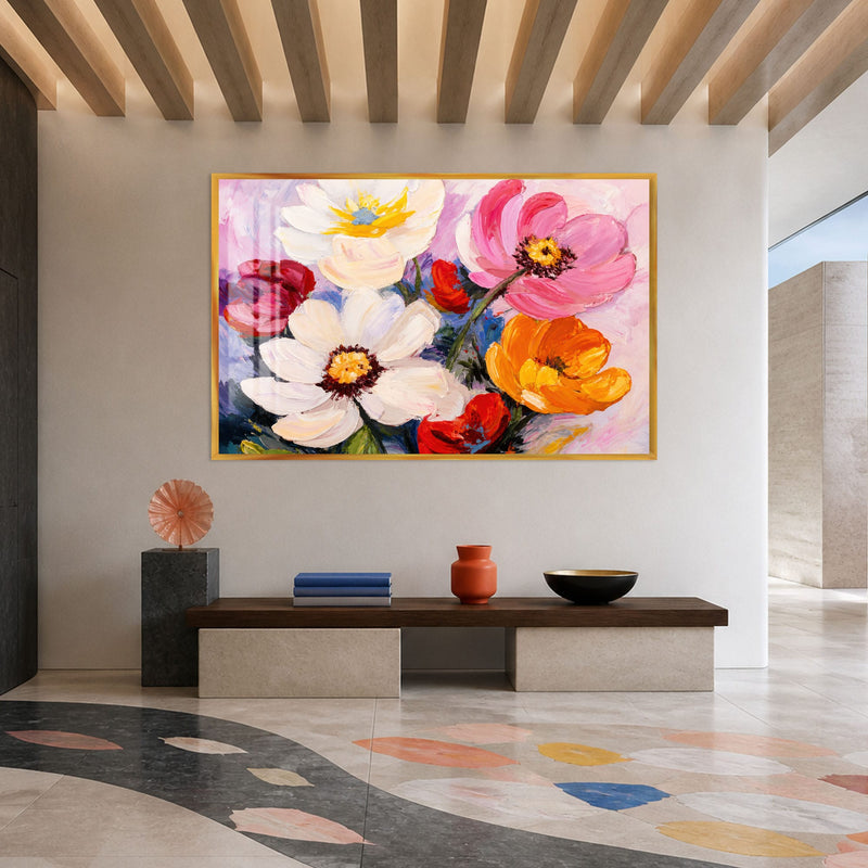Artronauts Glass Print 18x12 cm | 7.1"x4.7" / Gold Vibrant Painted Blossoms Glass Wall Art