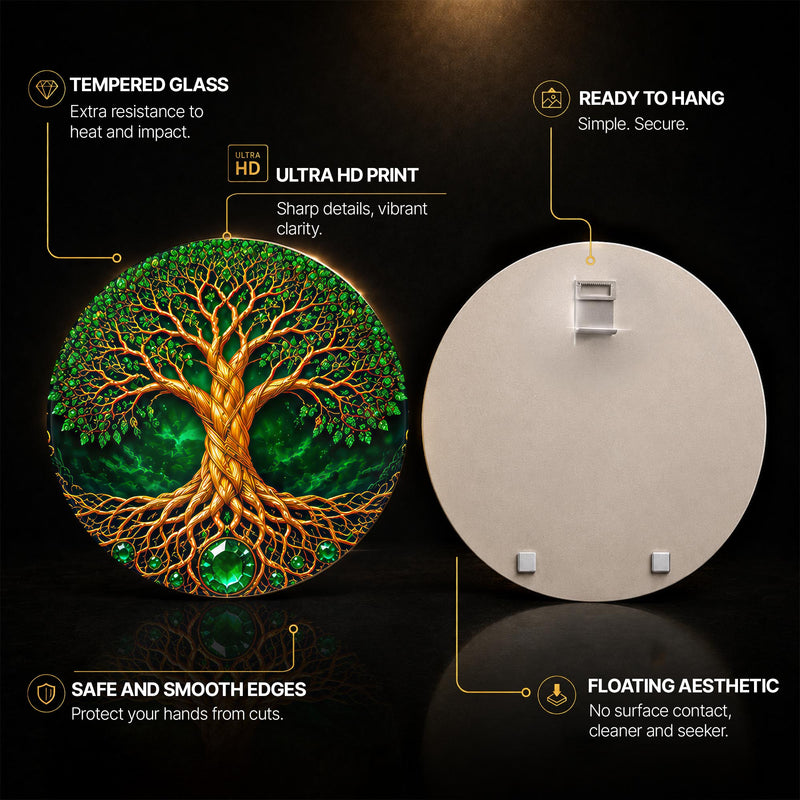 Emerald Tree Of Life — tempered glass, ultra HD print, ready to hang