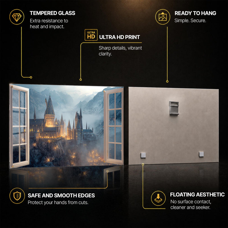 Enchanted Mountain Castle — tempered glass, ultra HD print, ready to hang