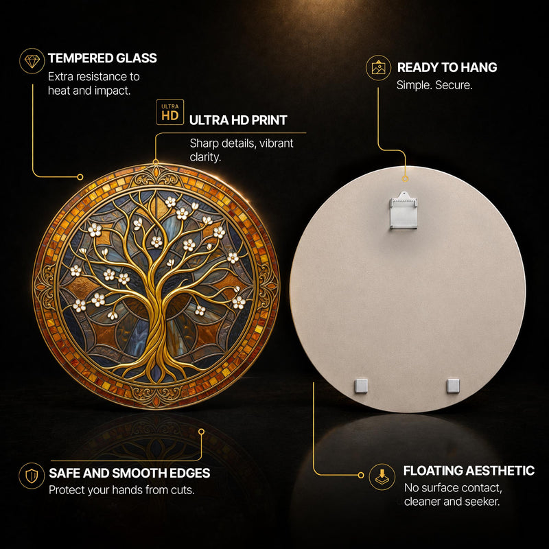Gold Blossom Amber Medallion — tempered glass, ultra HD print, ready to hang
