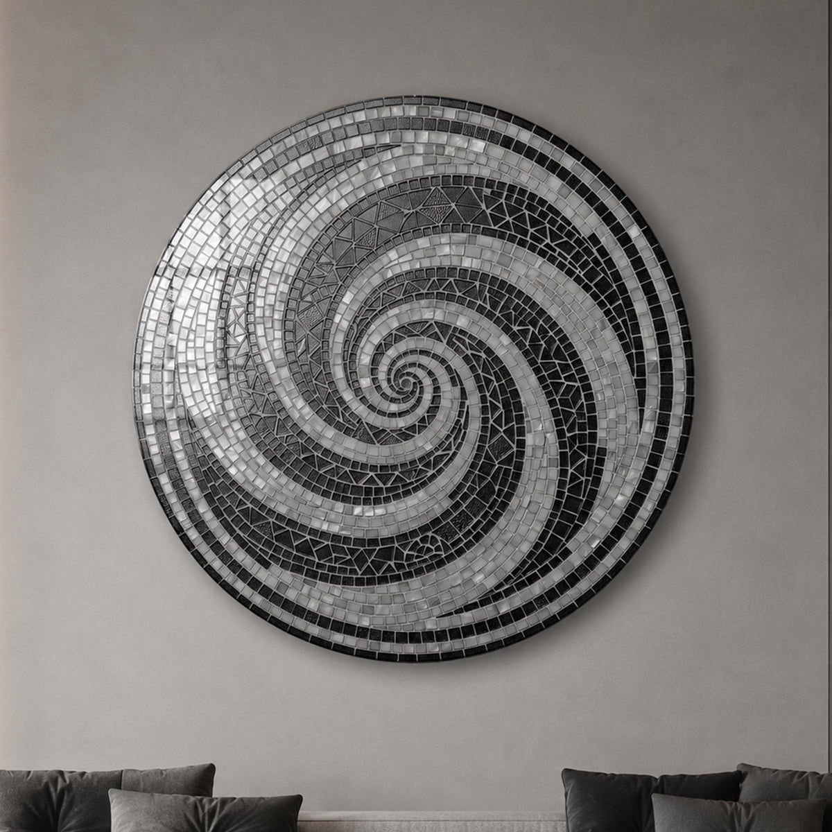 Monochrome Mosaic Spiral — tempered glass, ultra HD print, ready to hang