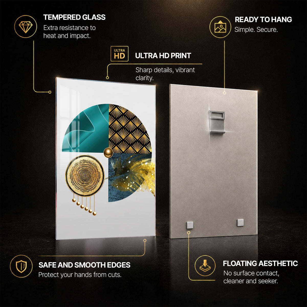 Teal Deco Geometry — tempered glass, ultra HD print, ready to hang