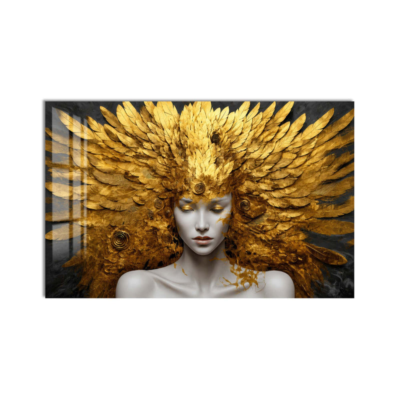 Artronauts Glass Print Golden Feather Goddess Glass Wall Art