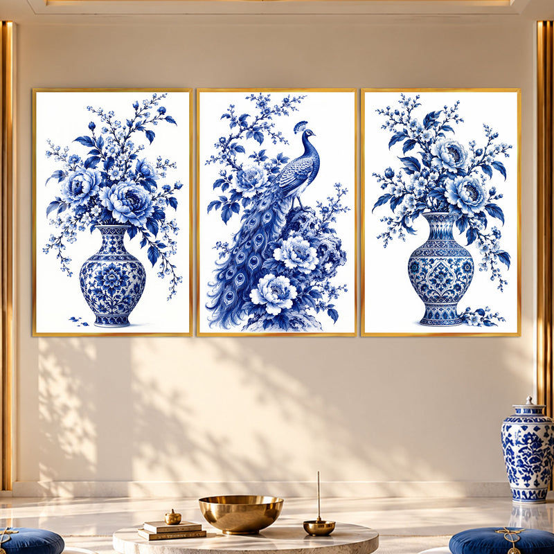 Blue Peacock Floral with gold frame