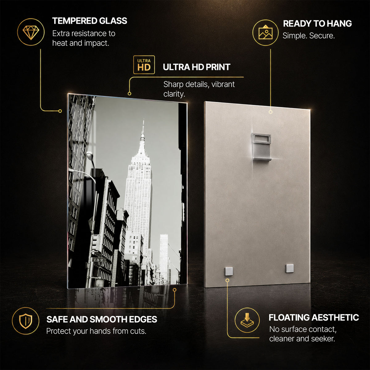 Empire State Monochrome — tempered glass, ultra HD print, ready to hang