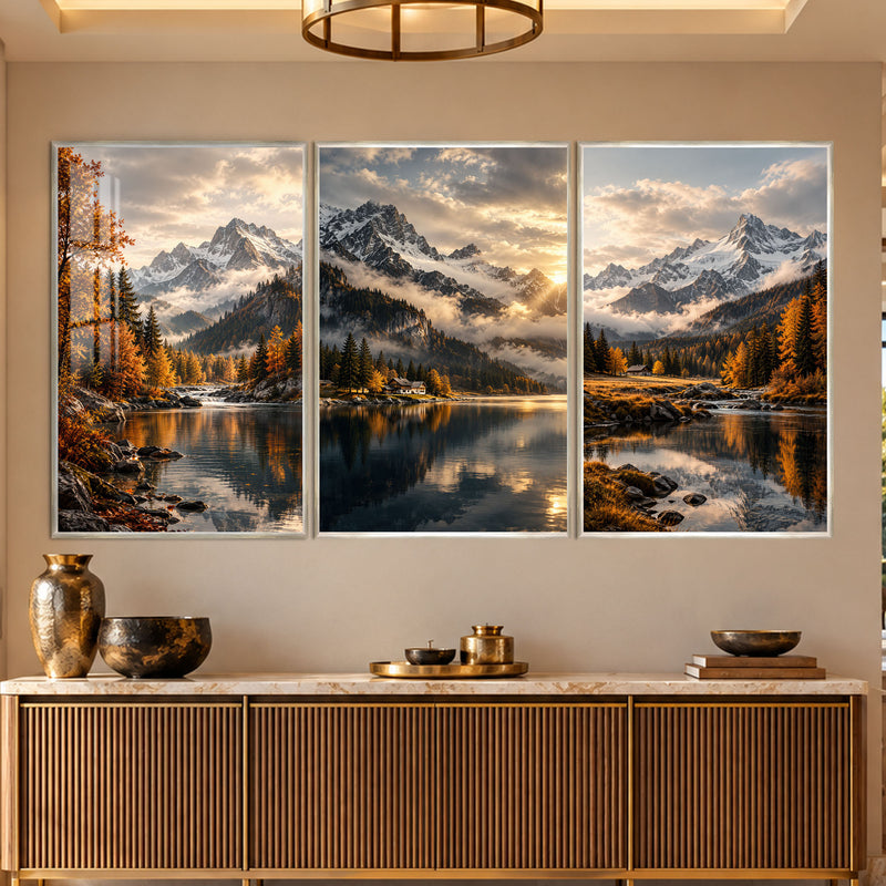 Autumn Alpine Lake with silver frame