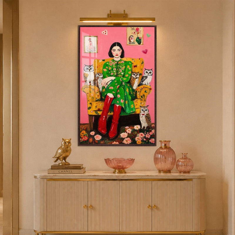 Owl Garden Muse with walnut frame