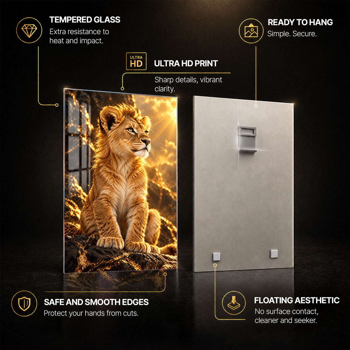 Golden Lion Family — tempered glass, ultra HD print, ready to hang