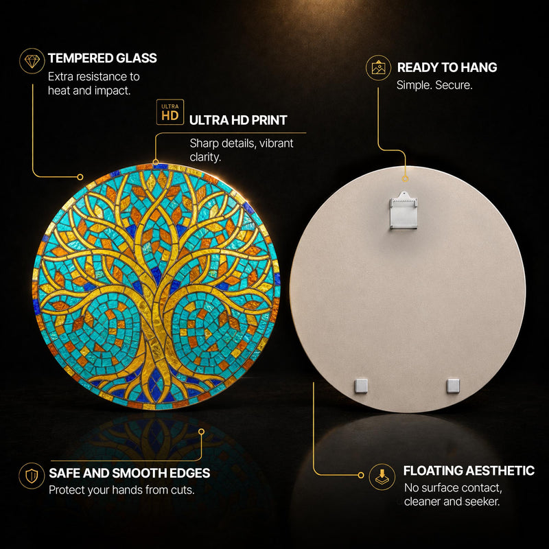 Circular Roots Gold Tree — tempered glass, ultra HD print, ready to hang