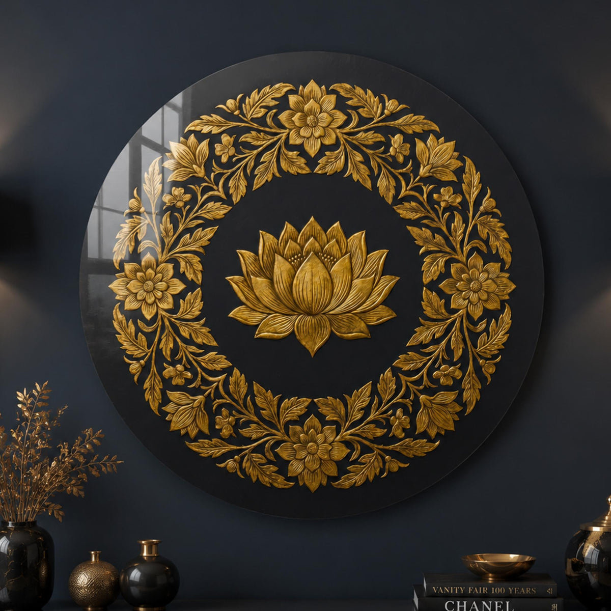 Golden Lotus Wreath in a modern room