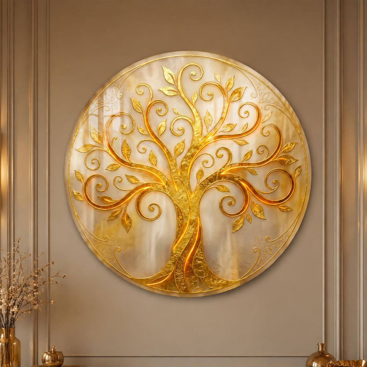 Ivory Golden Tree — tempered glass, ultra HD print, ready to hang